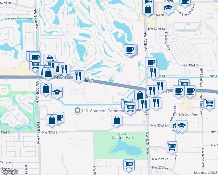 map of restaurants, bars, coffee shops, grocery stores, and more near 9090 Doral Boulevard in Doral