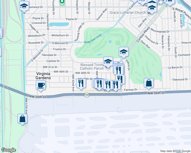 map of restaurants, bars, coffee shops, grocery stores, and more near 5900 Northwest 40th Street in Virginia Gardens