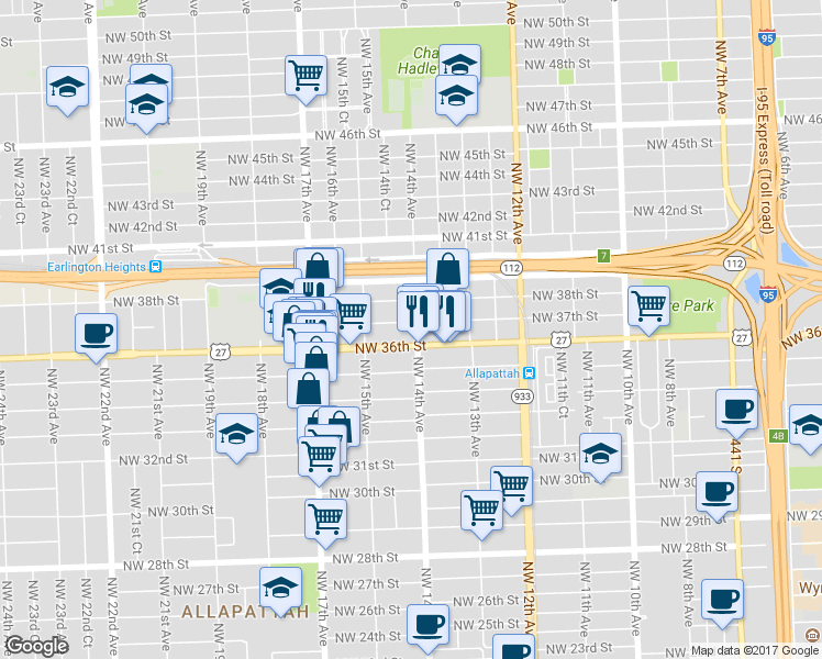 map of restaurants, bars, coffee shops, grocery stores, and more near 1400 Northwest 37th Street in Miami