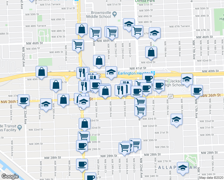 map of restaurants, bars, coffee shops, grocery stores, and more near 3730 Northwest 24th Avenue in Miami