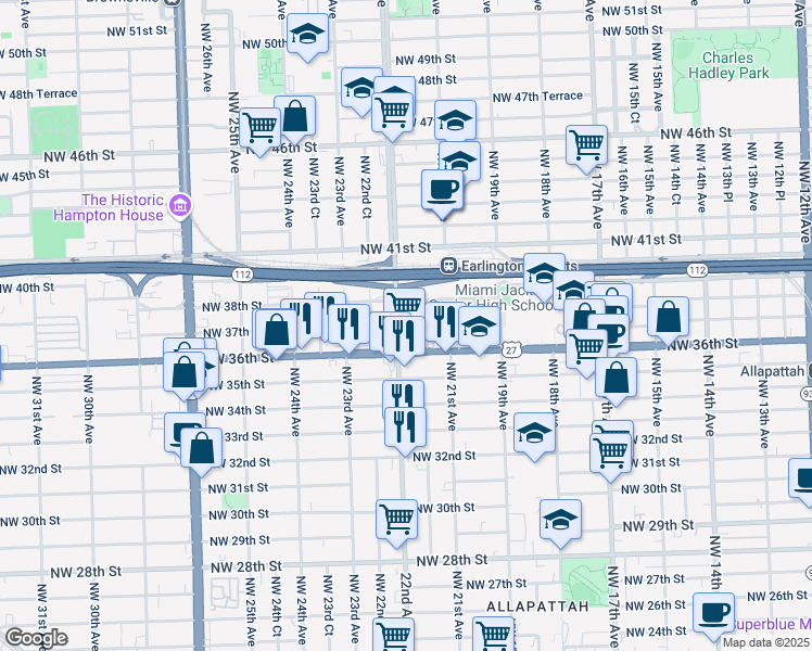 map of restaurants, bars, coffee shops, grocery stores, and more near 3701 Northwest 22nd Avenue in Miami