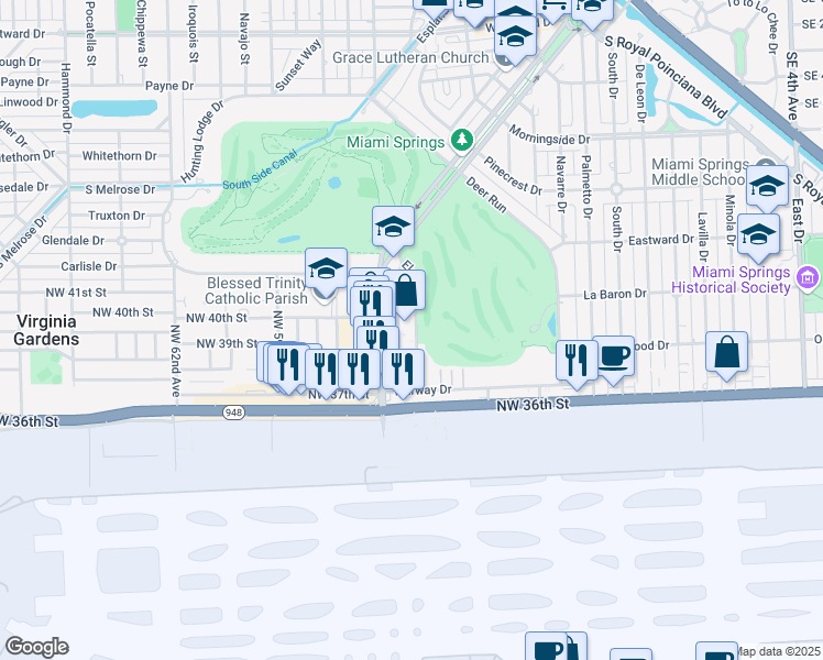 map of restaurants, bars, coffee shops, grocery stores, and more near 550 Eldron Drive in Miami Springs