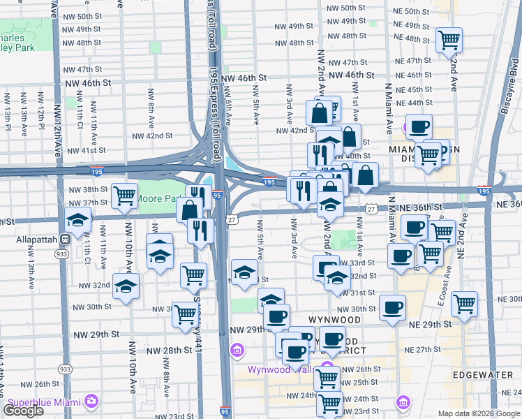 map of restaurants, bars, coffee shops, grocery stores, and more near 3606 Northwest 5th Avenue in Miami