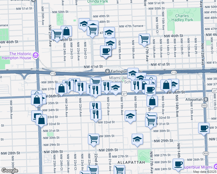 map of restaurants, bars, coffee shops, grocery stores, and more near 2147 Northwest 37th Street in Miami