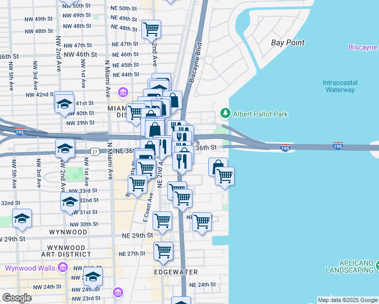 map of restaurants, bars, coffee shops, grocery stores, and more near 3595 Biscayne Boulevard in Miami