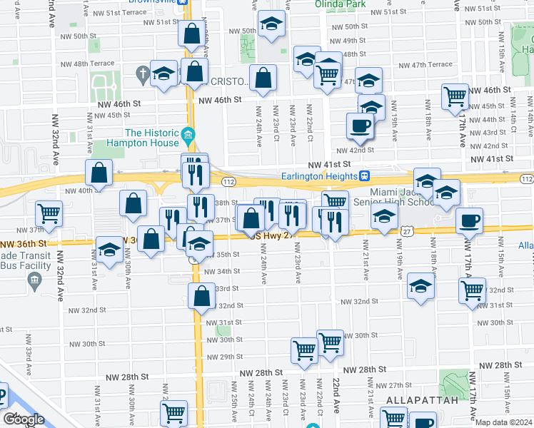 map of restaurants, bars, coffee shops, grocery stores, and more near 3711 Northwest 24th Avenue in Miami
