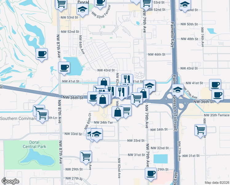 map of restaurants, bars, coffee shops, grocery stores, and more near 8201 Northwest 36th Street in Miami