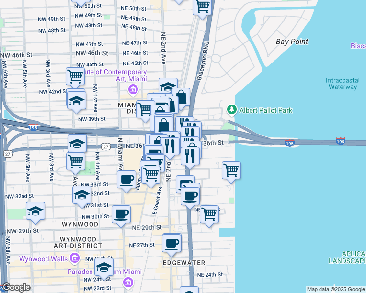 map of restaurants, bars, coffee shops, grocery stores, and more near in Miami