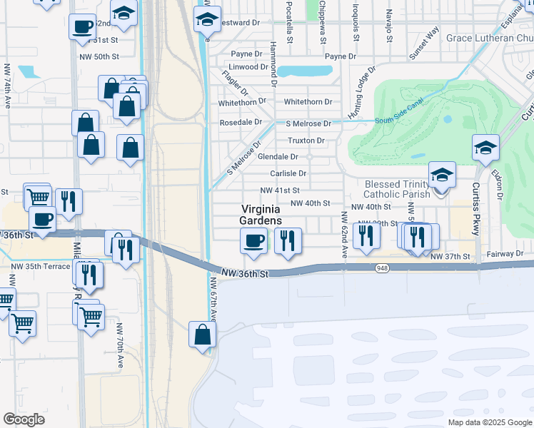 map of restaurants, bars, coffee shops, grocery stores, and more near 3966 Northwest 65th Avenue in Virginia Gardens