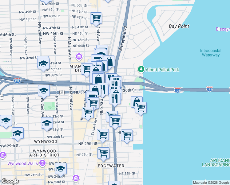 map of restaurants, bars, coffee shops, grocery stores, and more near 3595 Biscayne Boulevard in Miami