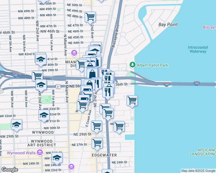 map of restaurants, bars, coffee shops, grocery stores, and more near 3595 Biscayne Boulevard in Miami