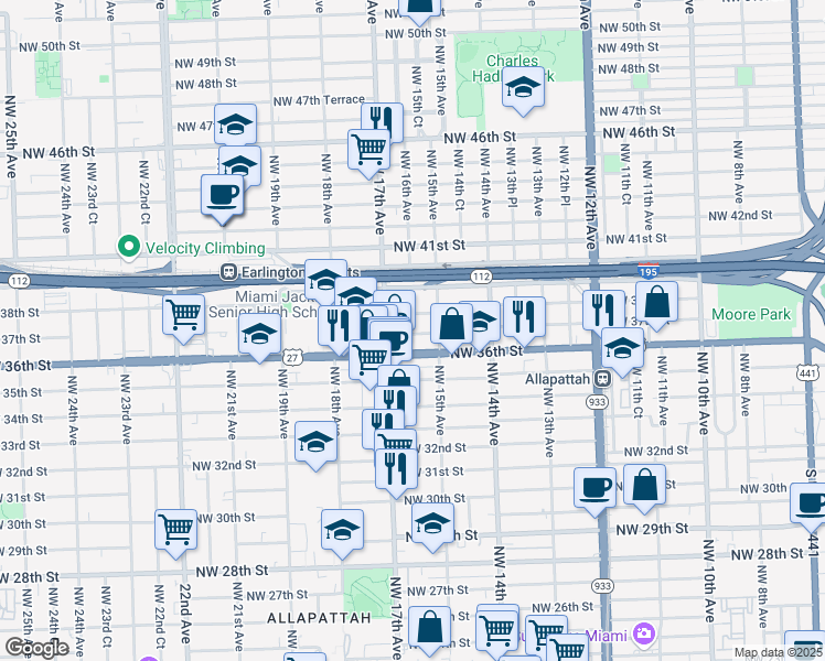 map of restaurants, bars, coffee shops, grocery stores, and more near 1601 Northwest 37th Street in Miami