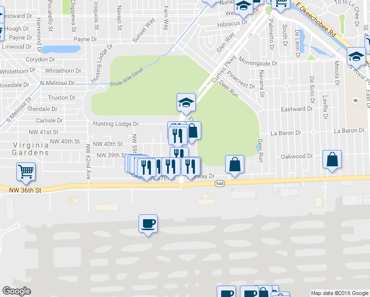 map of restaurants, bars, coffee shops, grocery stores, and more near 745 Curtiss Parkway in Miami Springs