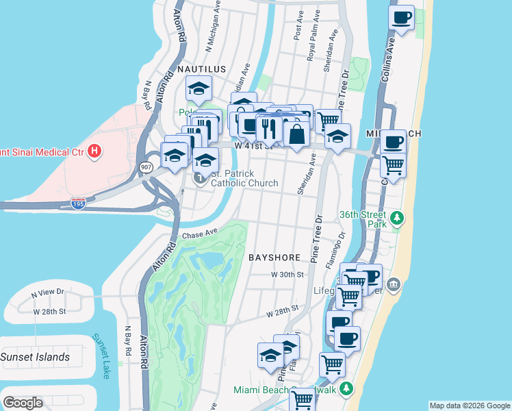 map of restaurants, bars, coffee shops, grocery stores, and more near 3444 Prairie Avenue in Miami Beach