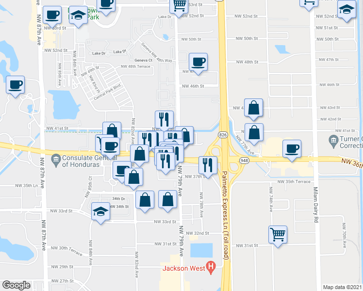 map of restaurants, bars, coffee shops, grocery stores, and more near 3929 Northwest 39th Street in Doral