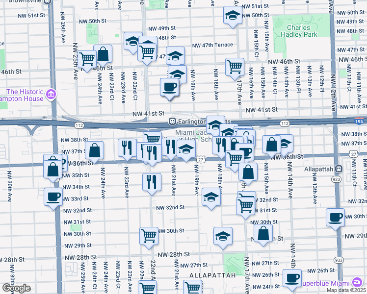map of restaurants, bars, coffee shops, grocery stores, and more near 3650 Northwest 20th Avenue in Miami