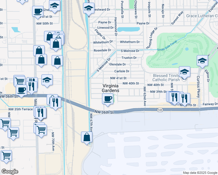map of restaurants, bars, coffee shops, grocery stores, and more near 3966 Northwest 65th Avenue in Virginia Gardens