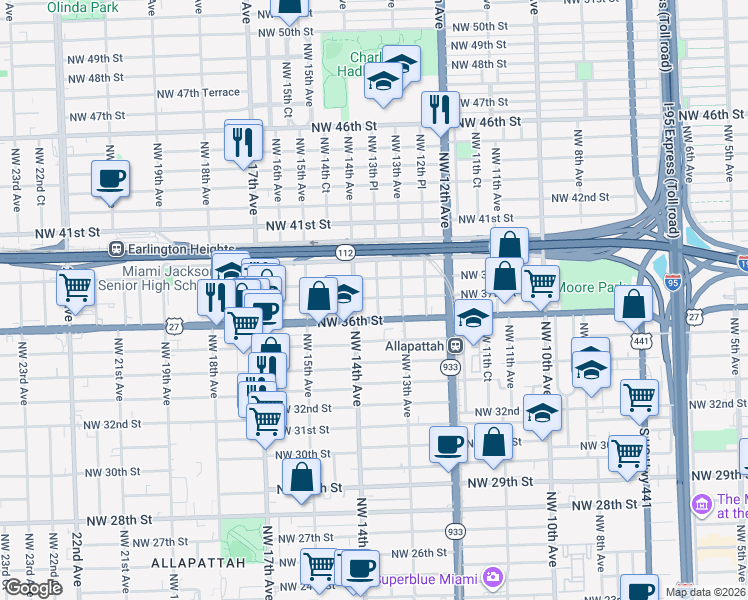 map of restaurants, bars, coffee shops, grocery stores, and more near 1335 Northwest 37th Street in Miami