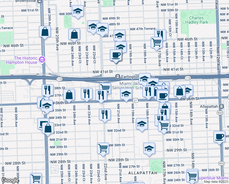map of restaurants, bars, coffee shops, grocery stores, and more near 2147 Northwest 37th Street in Miami