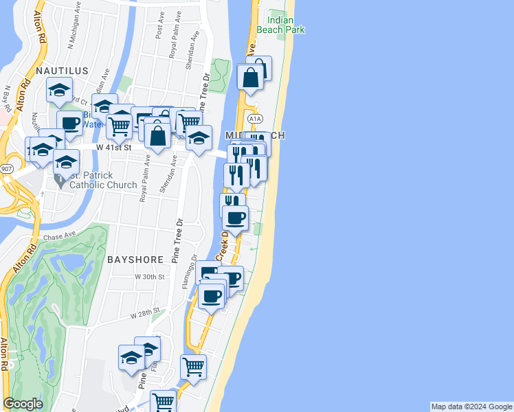 map of restaurants, bars, coffee shops, grocery stores, and more near 3737 Collins Avenue in Miami Beach