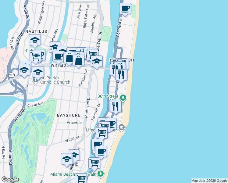 map of restaurants, bars, coffee shops, grocery stores, and more near in Miami Beach