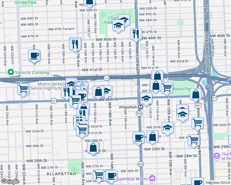 map of restaurants, bars, coffee shops, grocery stores, and more near 1335 Northwest 37th Street in Miami