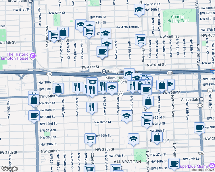 map of restaurants, bars, coffee shops, grocery stores, and more near 3650 Northwest 20th Avenue in Miami