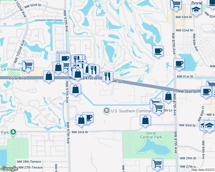 map of restaurants, bars, coffee shops, grocery stores, and more near 9250 Northwest 36th Street in Doral