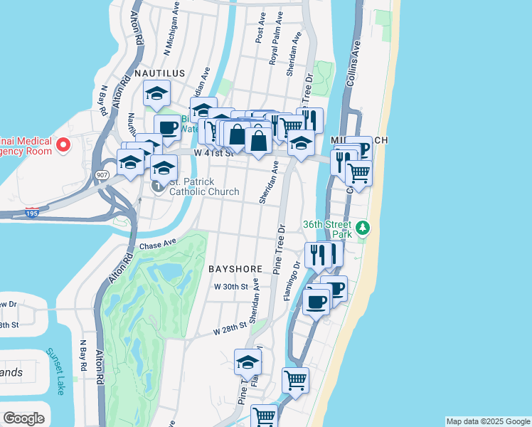 map of restaurants, bars, coffee shops, grocery stores, and more near 3471 Sheridan Avenue in Miami Beach
