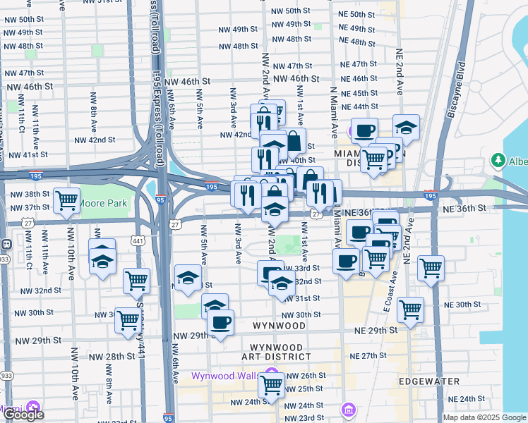 map of restaurants, bars, coffee shops, grocery stores, and more near 241 Northwest 36th Street in Miami