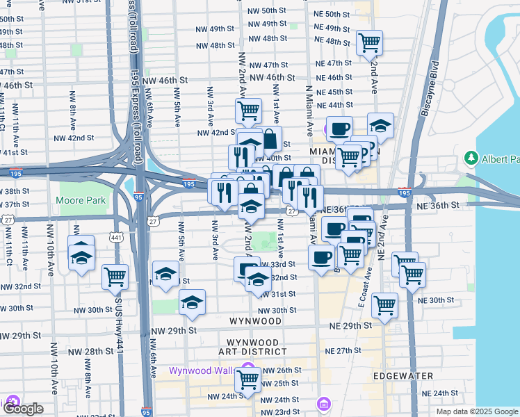 map of restaurants, bars, coffee shops, grocery stores, and more near 185 Northwest 36th Street in Miami