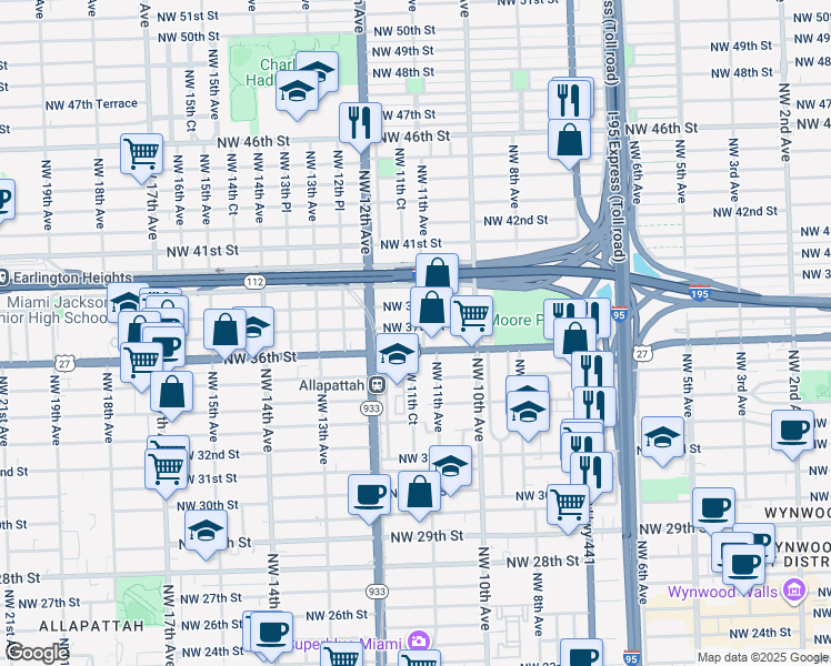 map of restaurants, bars, coffee shops, grocery stores, and more near 1112 Northwest 37th Street in Miami