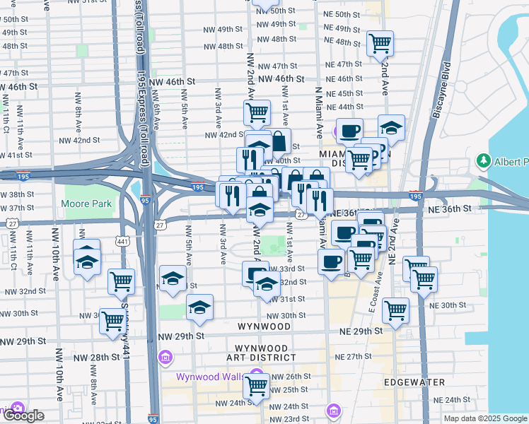 map of restaurants, bars, coffee shops, grocery stores, and more near 185 Northwest 36th Street in Miami