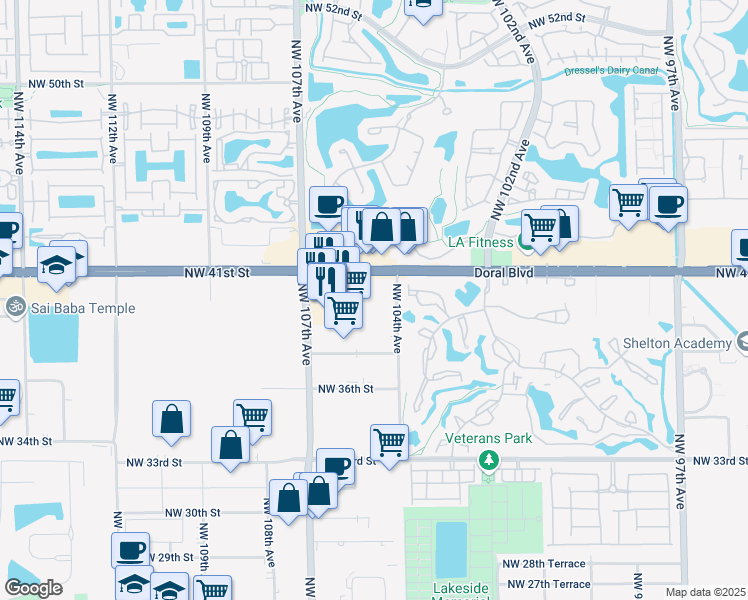 map of restaurants, bars, coffee shops, grocery stores, and more near 10450 Doral Boulevard in Doral