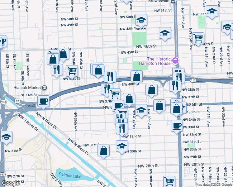 map of restaurants, bars, coffee shops, grocery stores, and more near 3800 Northwest 32nd Avenue in Miami