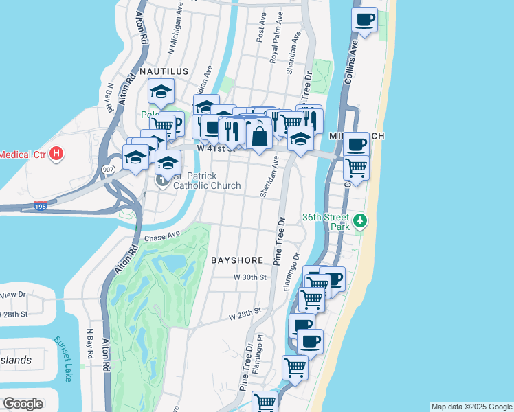 map of restaurants, bars, coffee shops, grocery stores, and more near 3471 Sheridan Avenue in Miami Beach