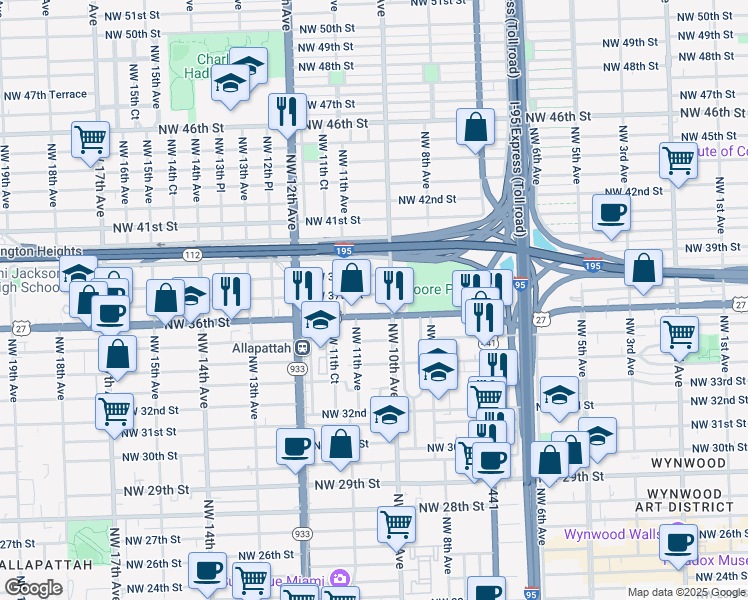 map of restaurants, bars, coffee shops, grocery stores, and more near 1044 Northwest 37th Street in Miami