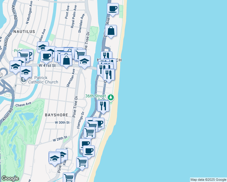map of restaurants, bars, coffee shops, grocery stores, and more near 3737 Collins Avenue in Miami Beach