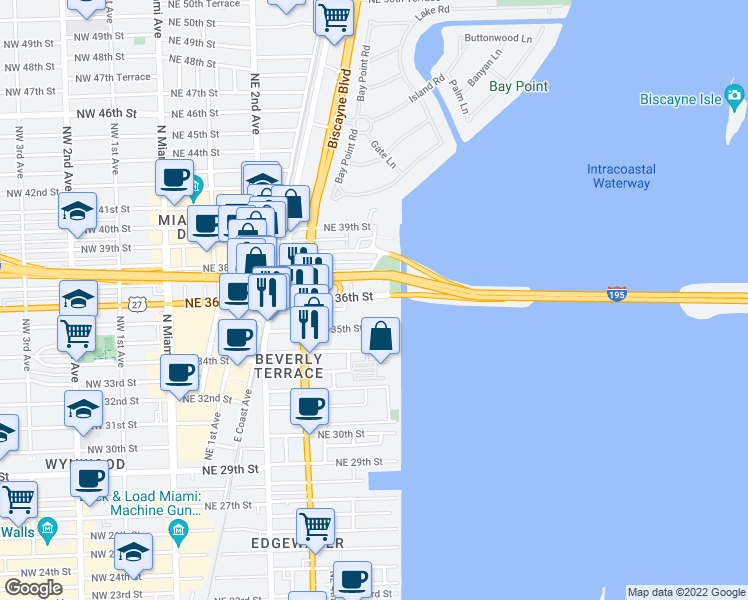map of restaurants, bars, coffee shops, grocery stores, and more near 555 Northeast 34th Street in Miami