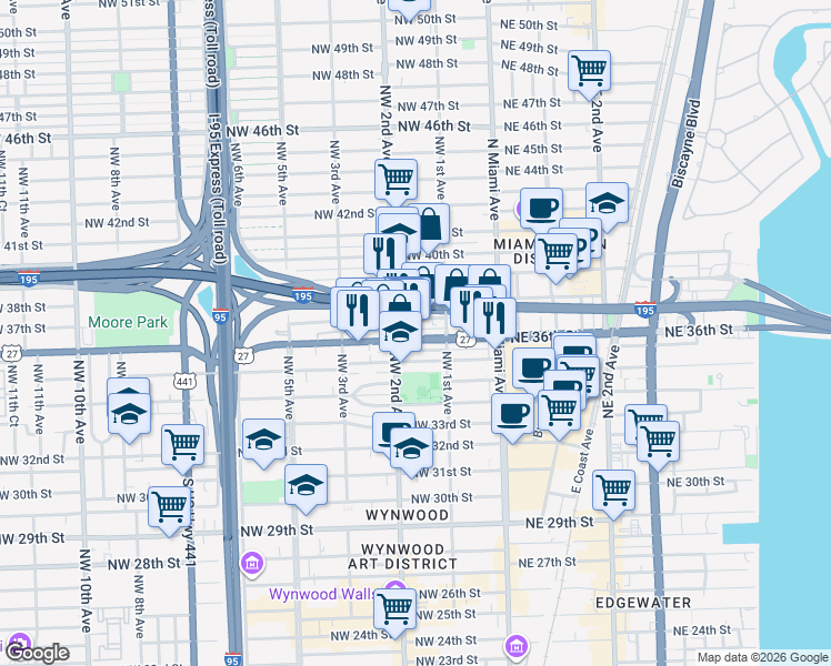 map of restaurants, bars, coffee shops, grocery stores, and more near 185 Northwest 36th Street in Miami