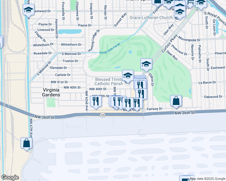 map of restaurants, bars, coffee shops, grocery stores, and more near 5900 Northwest 40th Street in Virginia Gardens