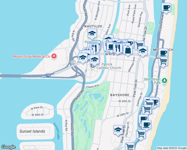map of restaurants, bars, coffee shops, grocery stores, and more near 3440 Meridian Avenue in Miami Beach