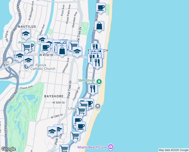 map of restaurants, bars, coffee shops, grocery stores, and more near 3737 Collins Avenue in Miami Beach