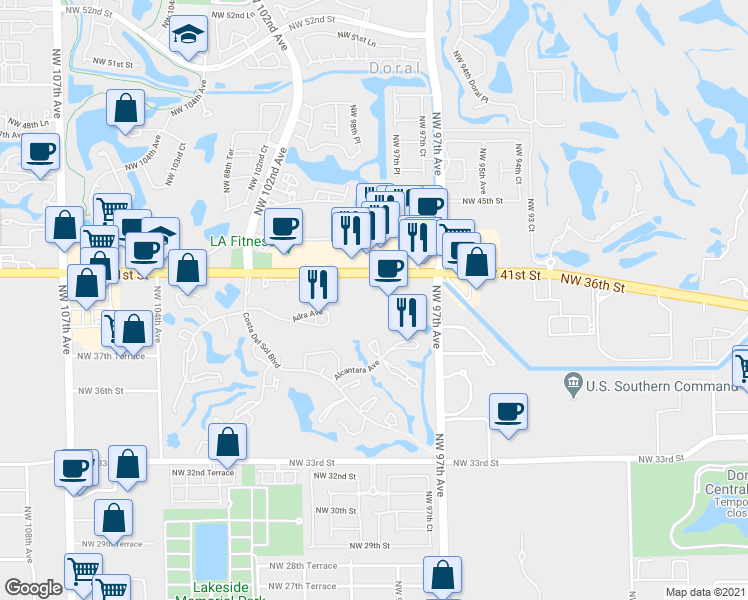 map of restaurants, bars, coffee shops, grocery stores, and more near 9850 Northwest 41st Street in Doral