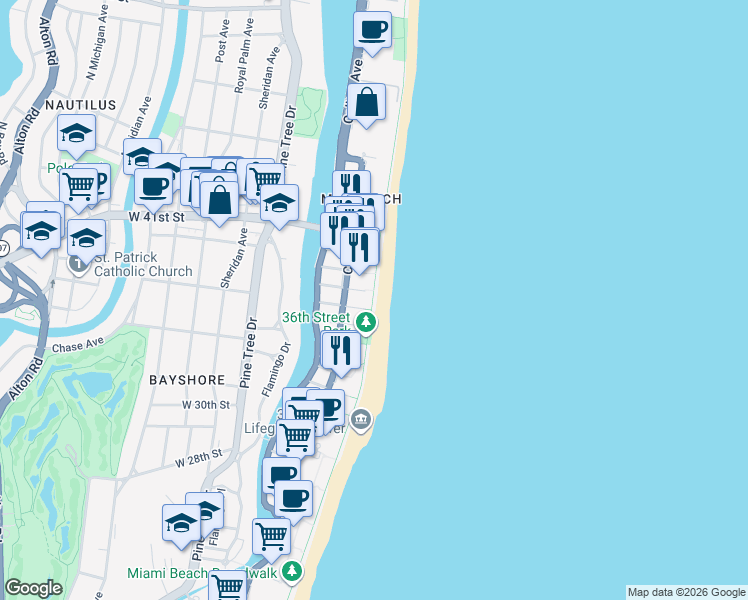 map of restaurants, bars, coffee shops, grocery stores, and more near 3737 Collins Avenue in Miami Beach