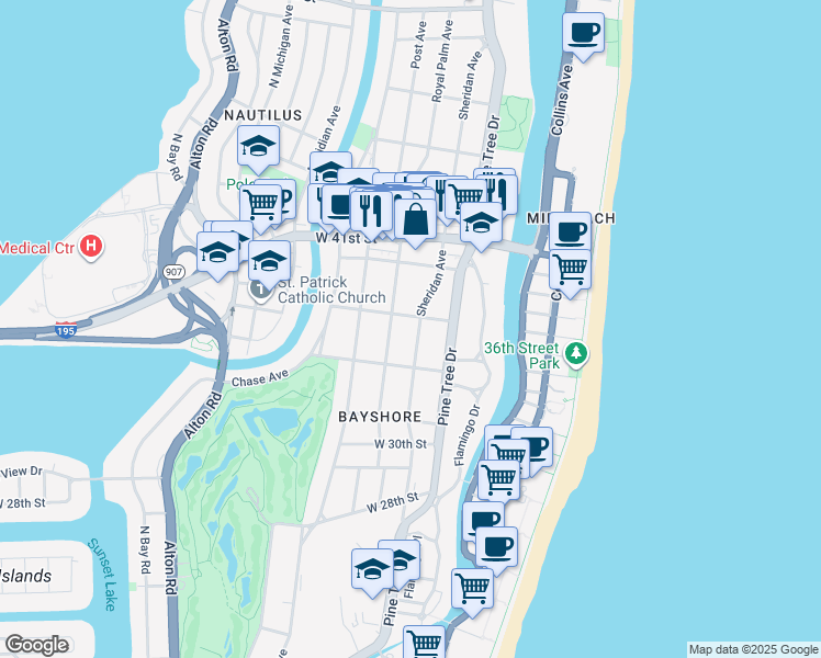 map of restaurants, bars, coffee shops, grocery stores, and more near 3471 Sheridan Avenue in Miami Beach