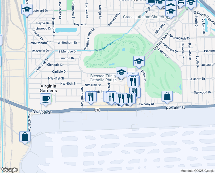 map of restaurants, bars, coffee shops, grocery stores, and more near 5900 Northwest 40th Street in Virginia Gardens