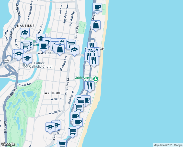 map of restaurants, bars, coffee shops, grocery stores, and more near 3737 Collins Avenue in Miami Beach