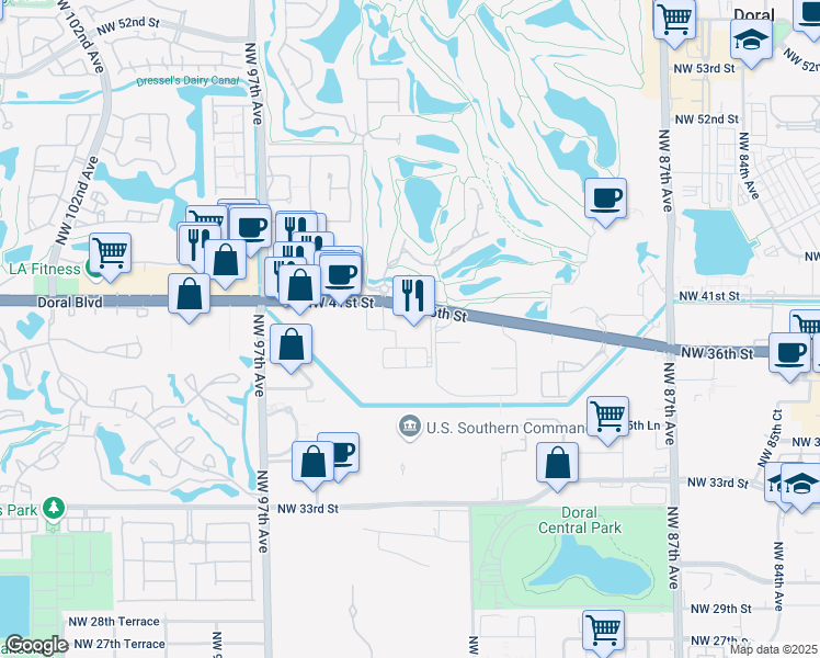 map of restaurants, bars, coffee shops, grocery stores, and more near 9250 Northwest 36th Street in Doral