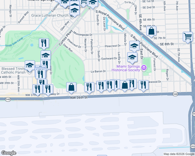 map of restaurants, bars, coffee shops, grocery stores, and more near 556 South Drive in Miami Springs